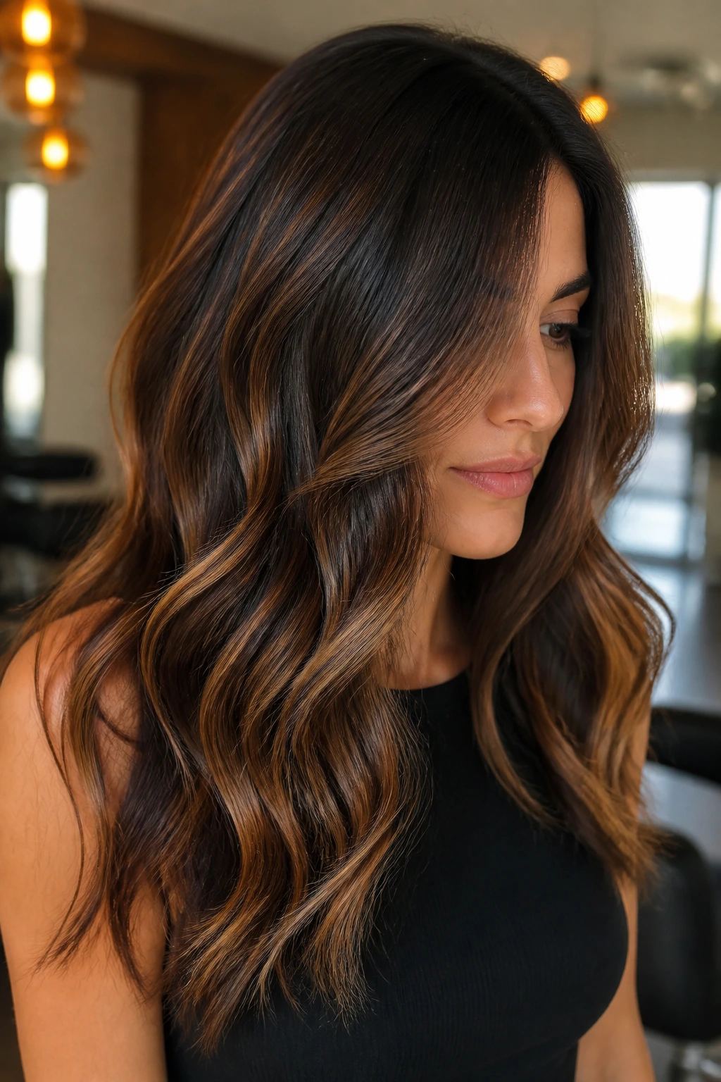 Close-up of espresso brunette with honey ribbon balayage framing the face.