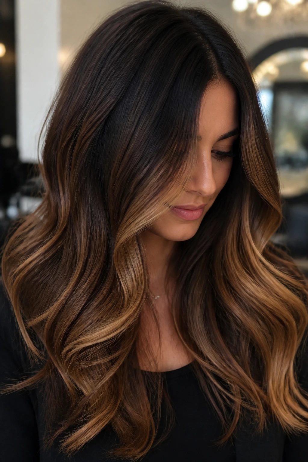 Close-up of thick hair with espresso-to-caramel balayage melt.