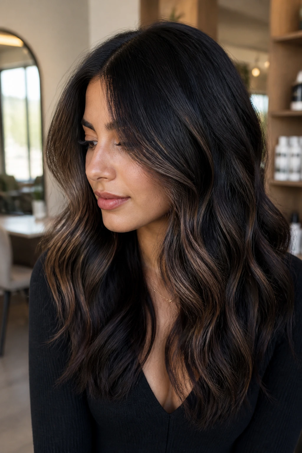 Portrait of dark hair with espresso ribbons framing the face