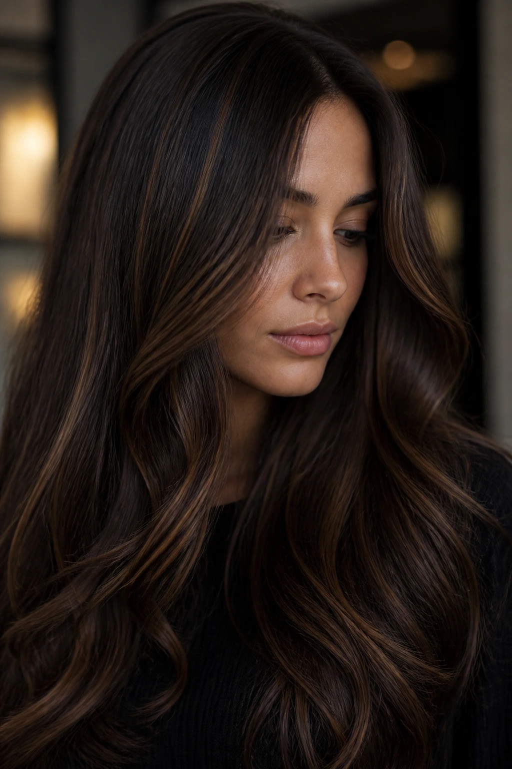 Close-up of long brunette hair with espresso base and narrow chestnut ribbons