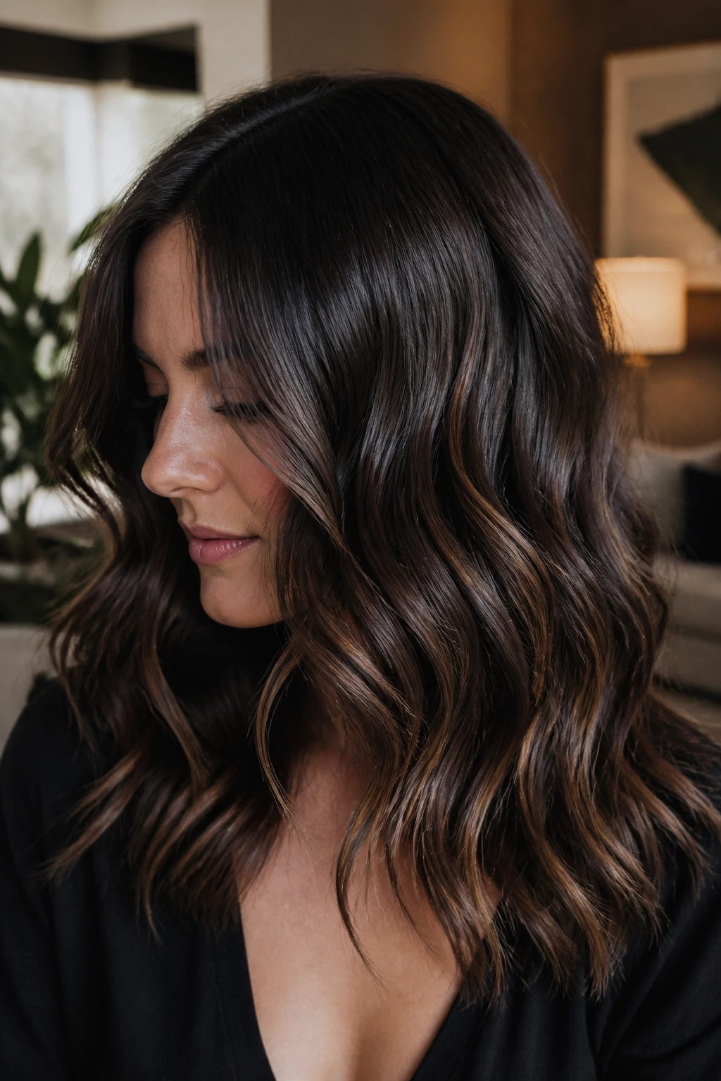 Espresso shadow melt balayage on dark brunette waves close-up