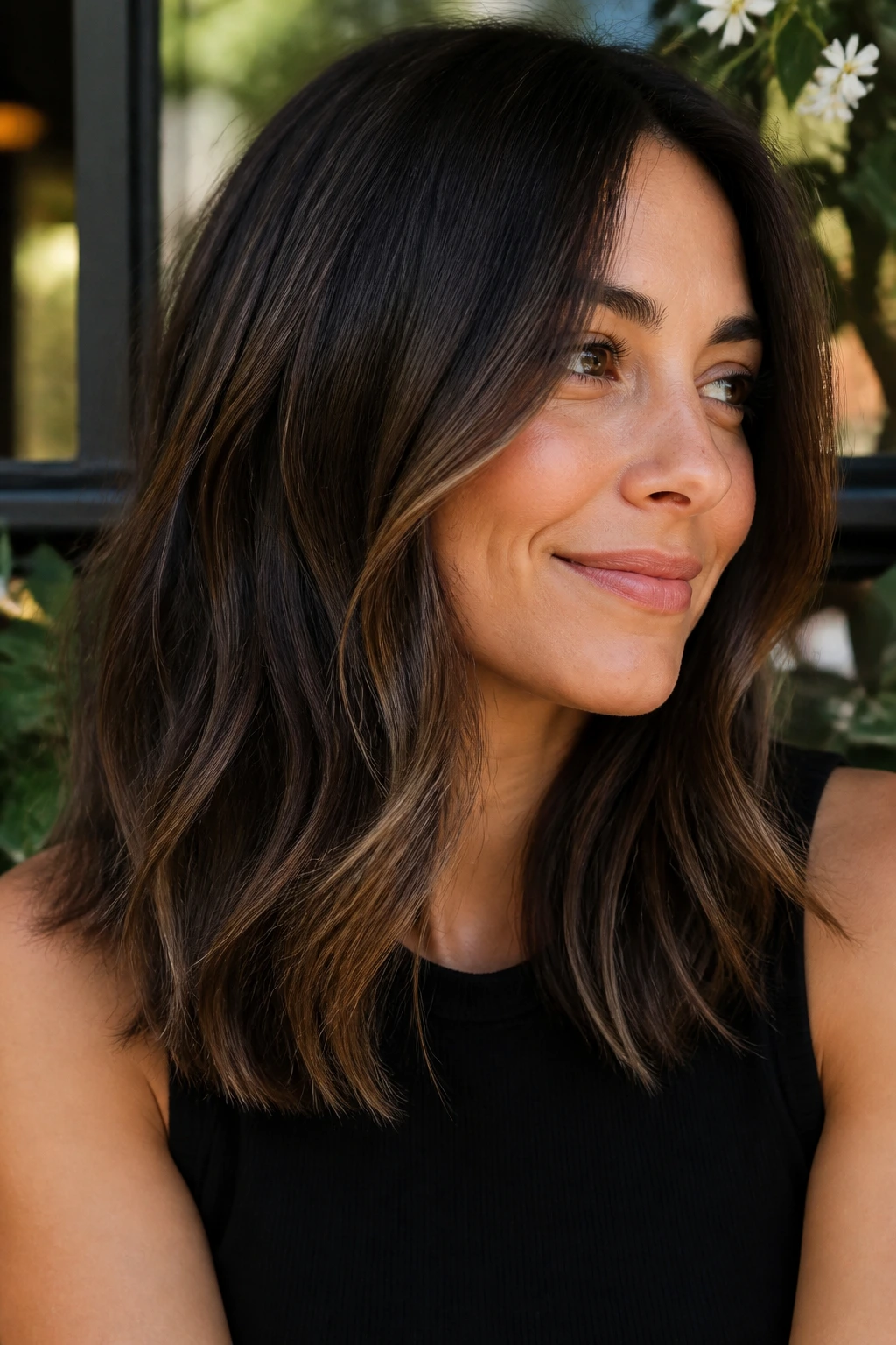 Close-up of espresso balayage with subtle highlights on brown hair catching natural light