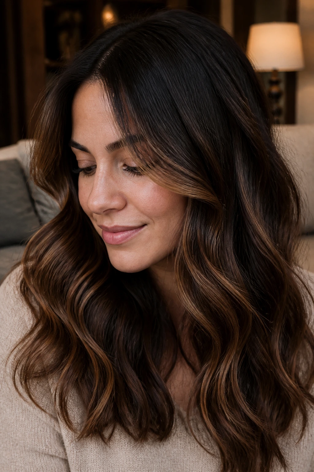 Dark espresso hair with toffee ribbons woven through wavy strands.