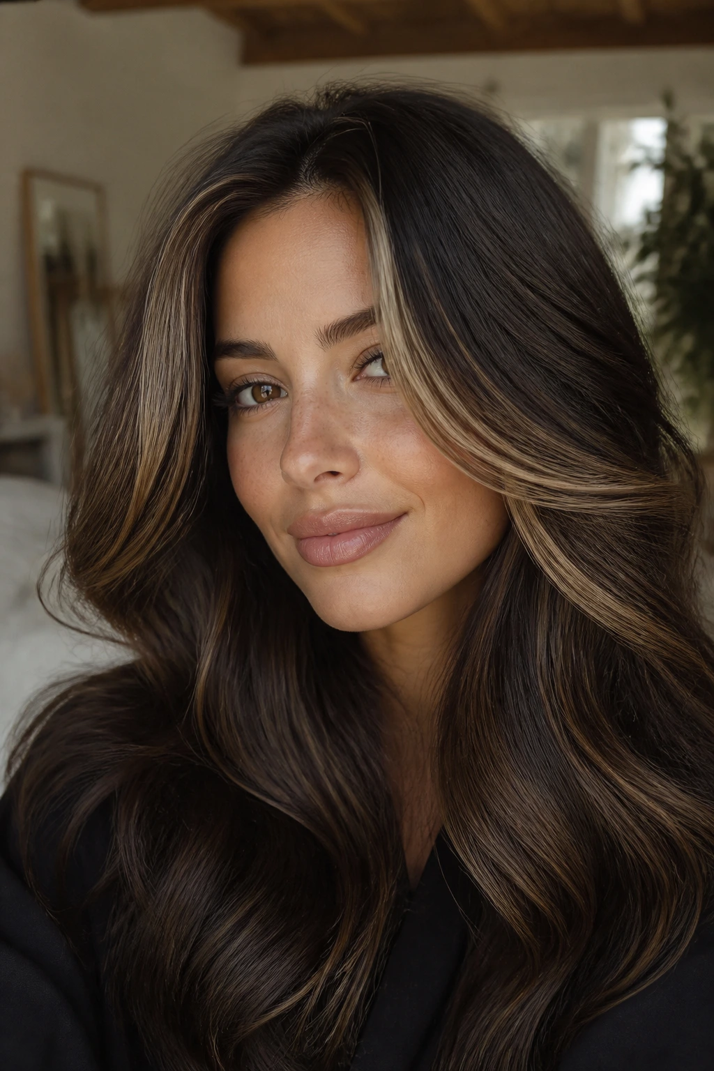 Close-up of buttery brunette face-framing balayage on thick hair.