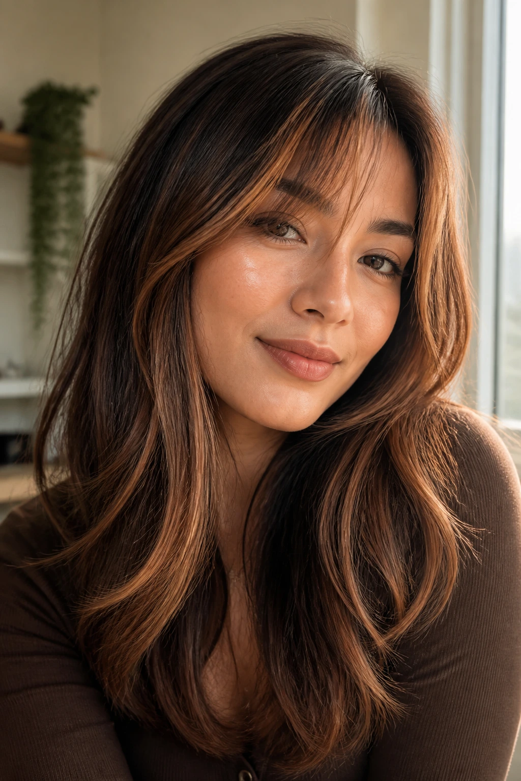 Close-up of woman with cinnamon mocha face-frame balayage.