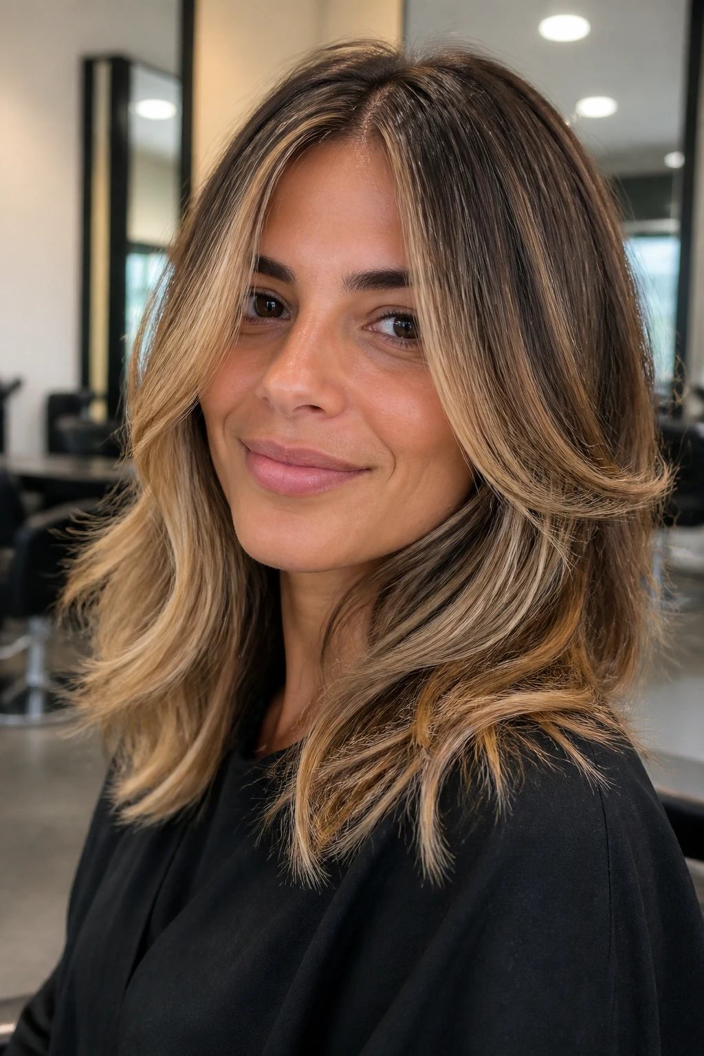Close-up of a real woman with balayage highlights and feathered layers in a salon setting