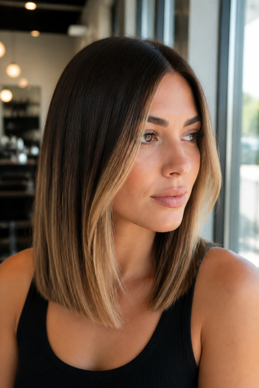 Close-up of a real woman with straight hair showing balayage front pieces by cheeks and jawline