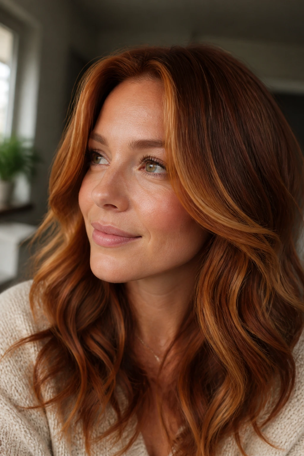 Close-up of a woman with ginger spice balayage emphasizing face-framing copper pieces.