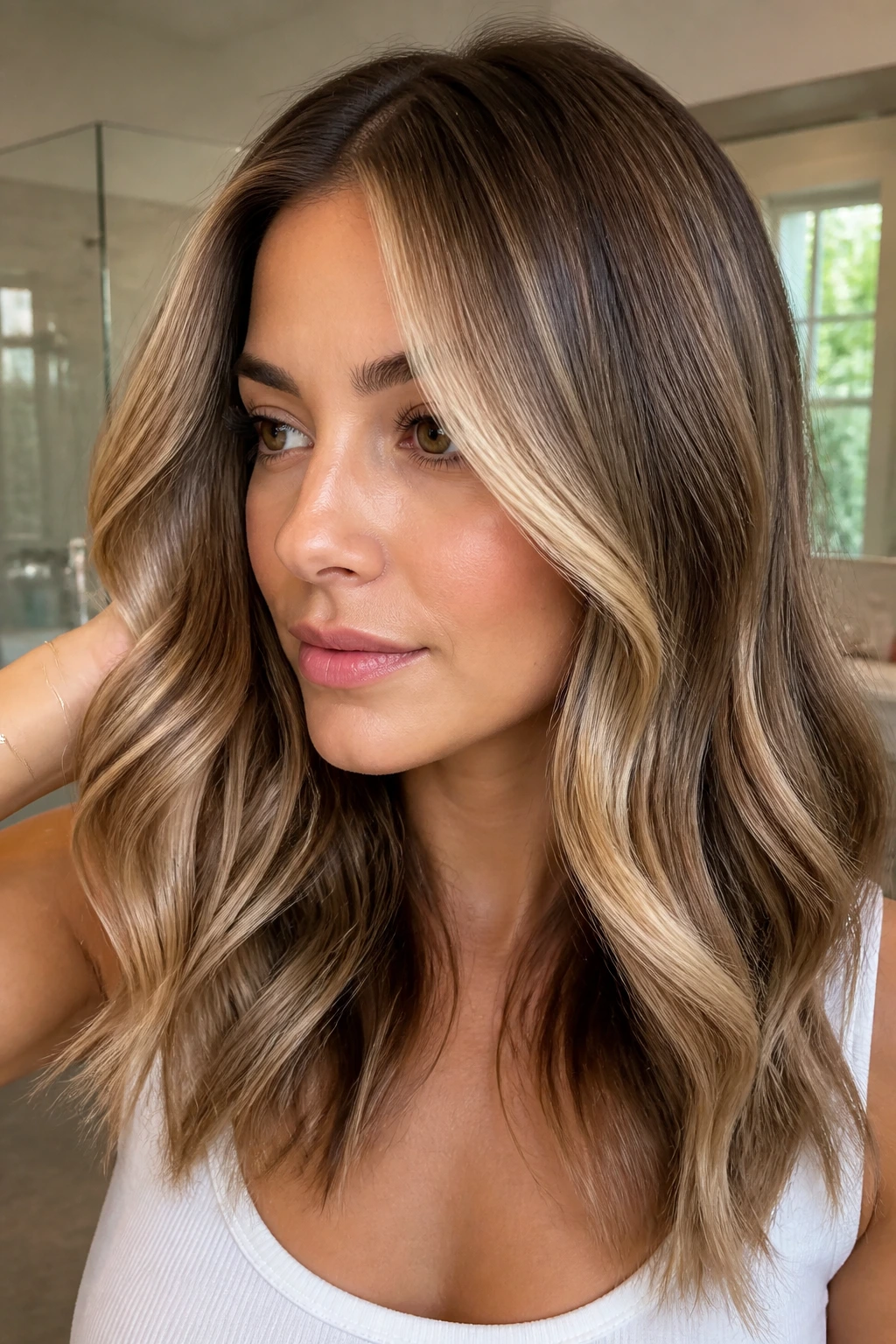 Close-up of hair with glossy color ribbons around the face in warm bathroom lighting