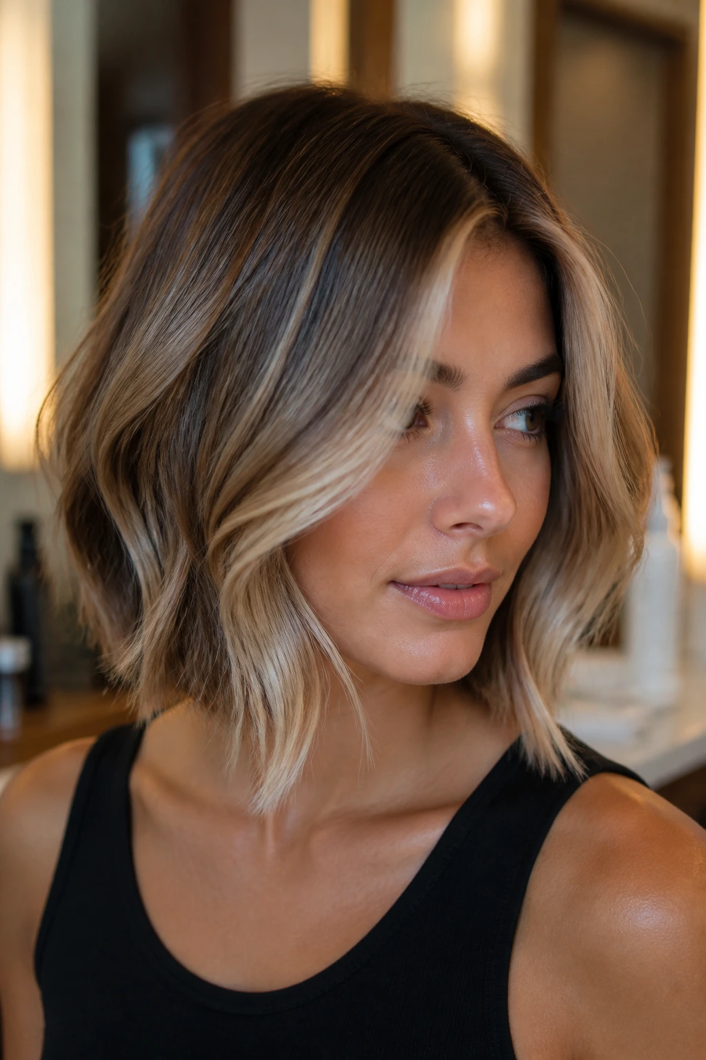Balayage bob with glossy front-tones and mid-length color in a close-up portrait