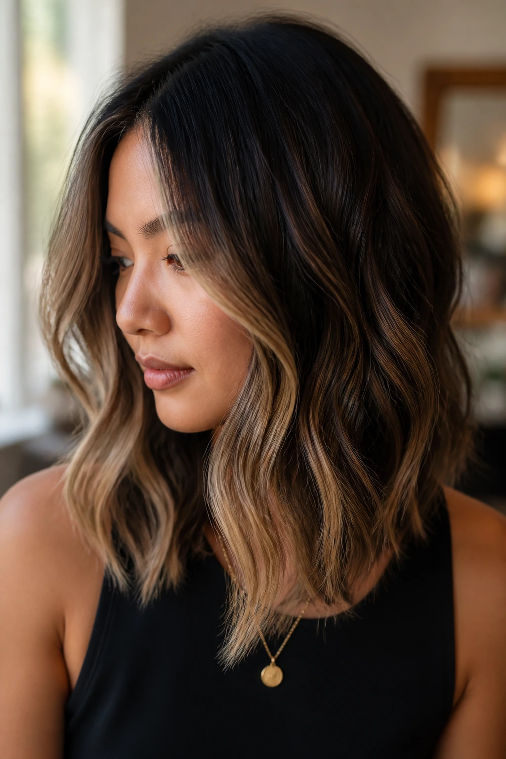Close-up of shoulder-length black hair with golden beige balayage highlighting the outer layers
