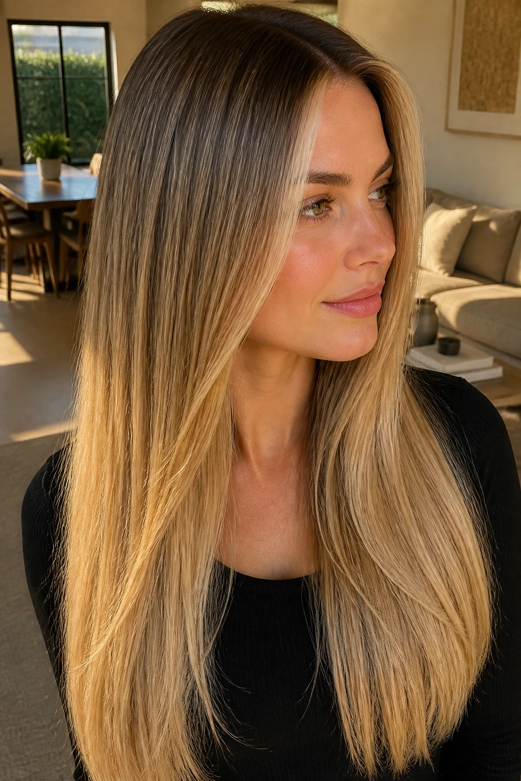 Close-up of a real woman with long straight hair showing golden balayage and soft root stretch in warm window light