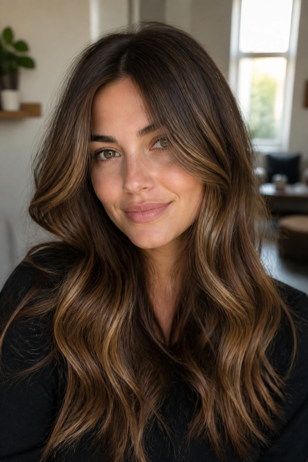 Brunette with soft caramel balayage showing hair variation on a real person