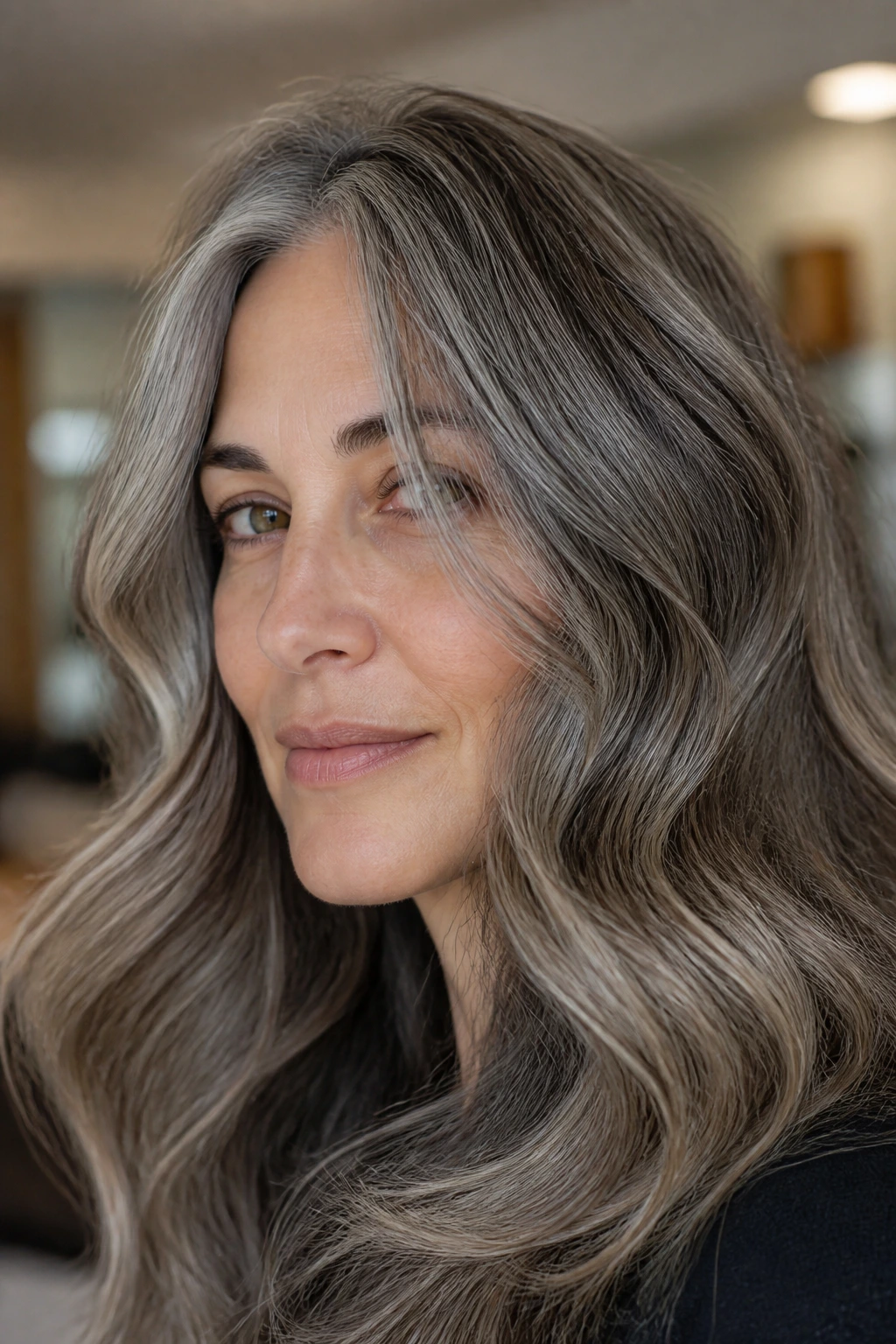 Close-up of hair with smoky gray balayage blend on a real person.