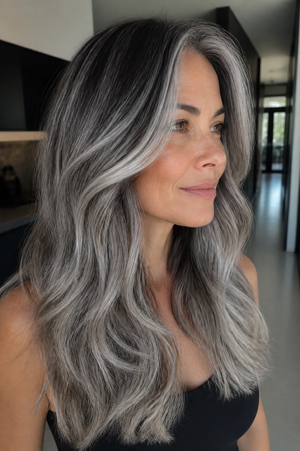 Real person with smoky balayage on gray hair and dimensional ends portrait