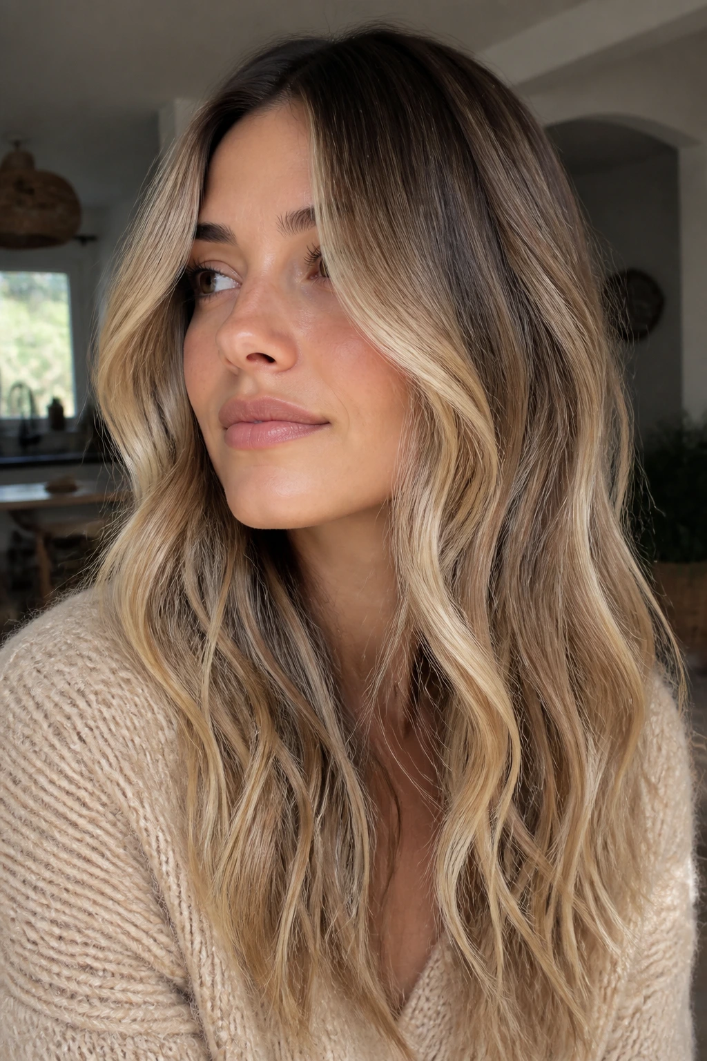 Close-up of a real woman with a softly grown-out balayage in warm light