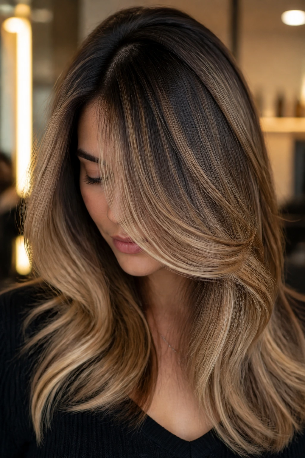 Close-up portrait of a real woman with thick hair showing grow-out balayage