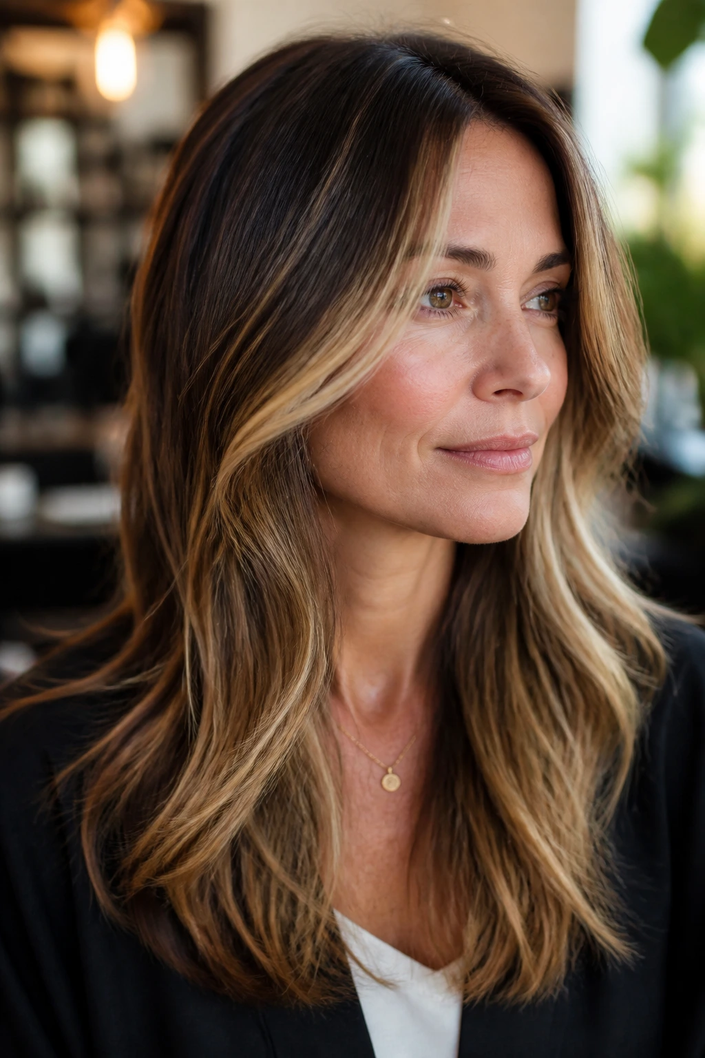 Close-up portrait of a real woman with natural balayage growth around the face in a warm salon.
