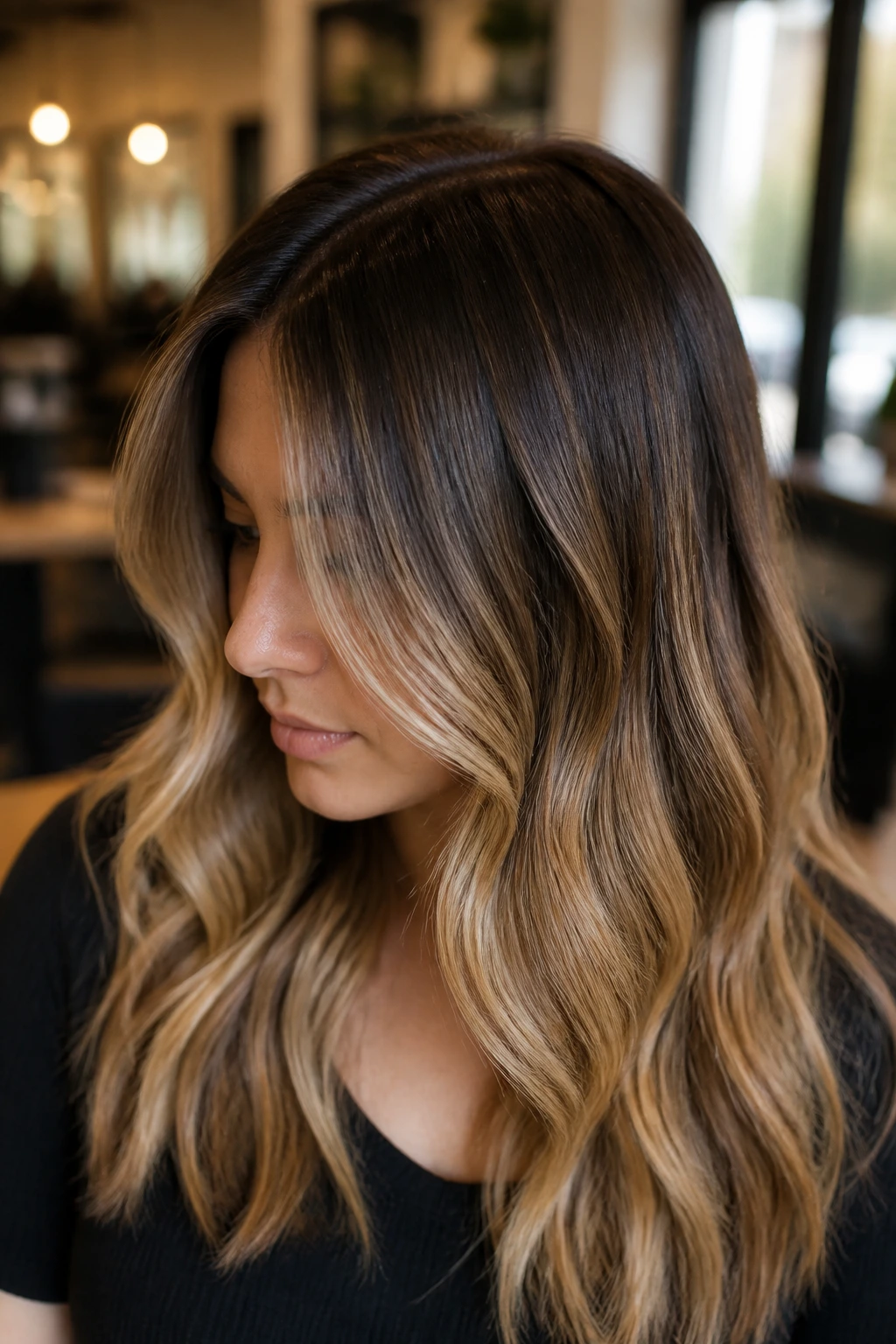 Close-up of balayage with mid-shaft lightening blending to a root shadow on a real person.