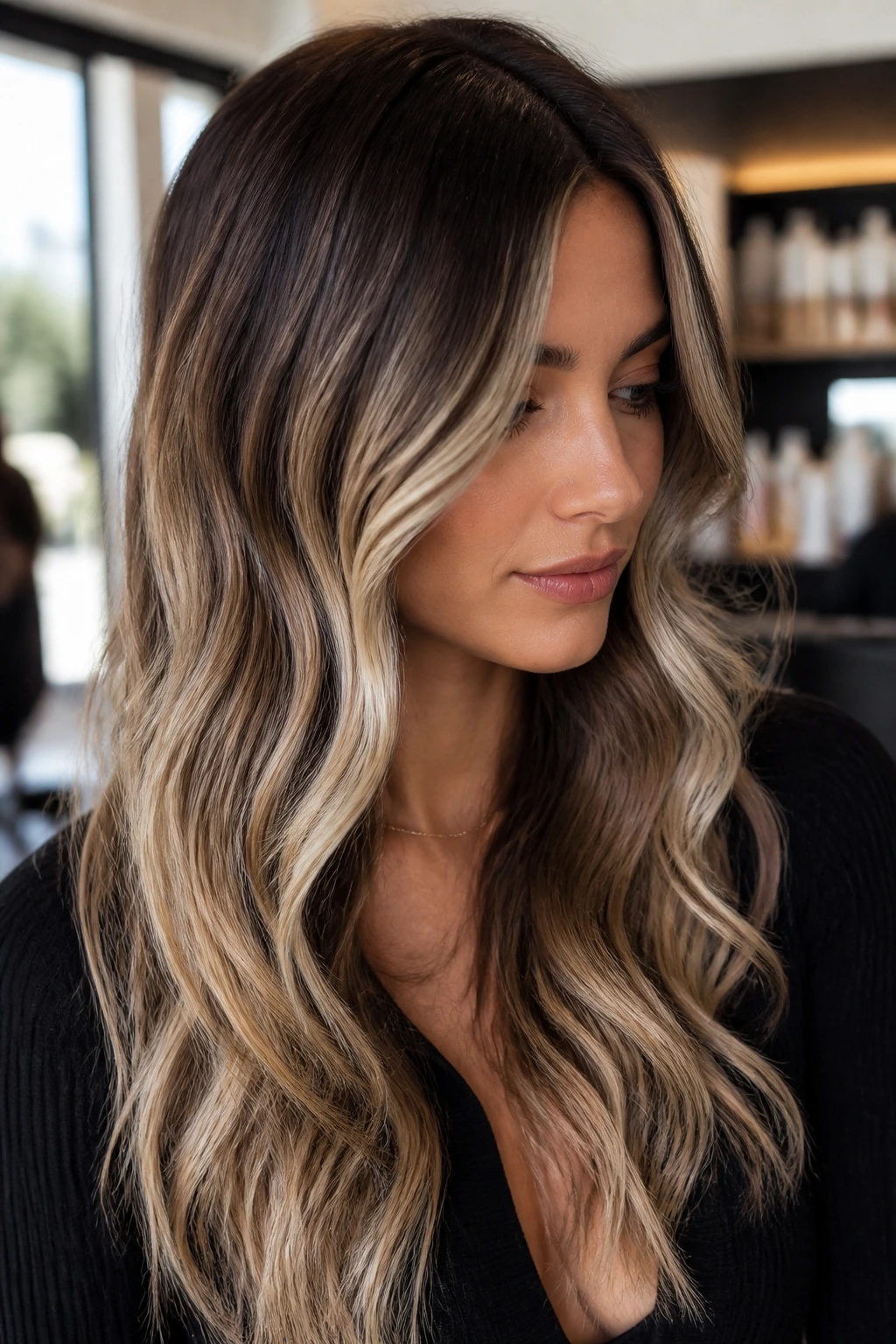 Close-up of a real woman with balayage hair showing depth at the roots and lighter ribbons in a salon setting