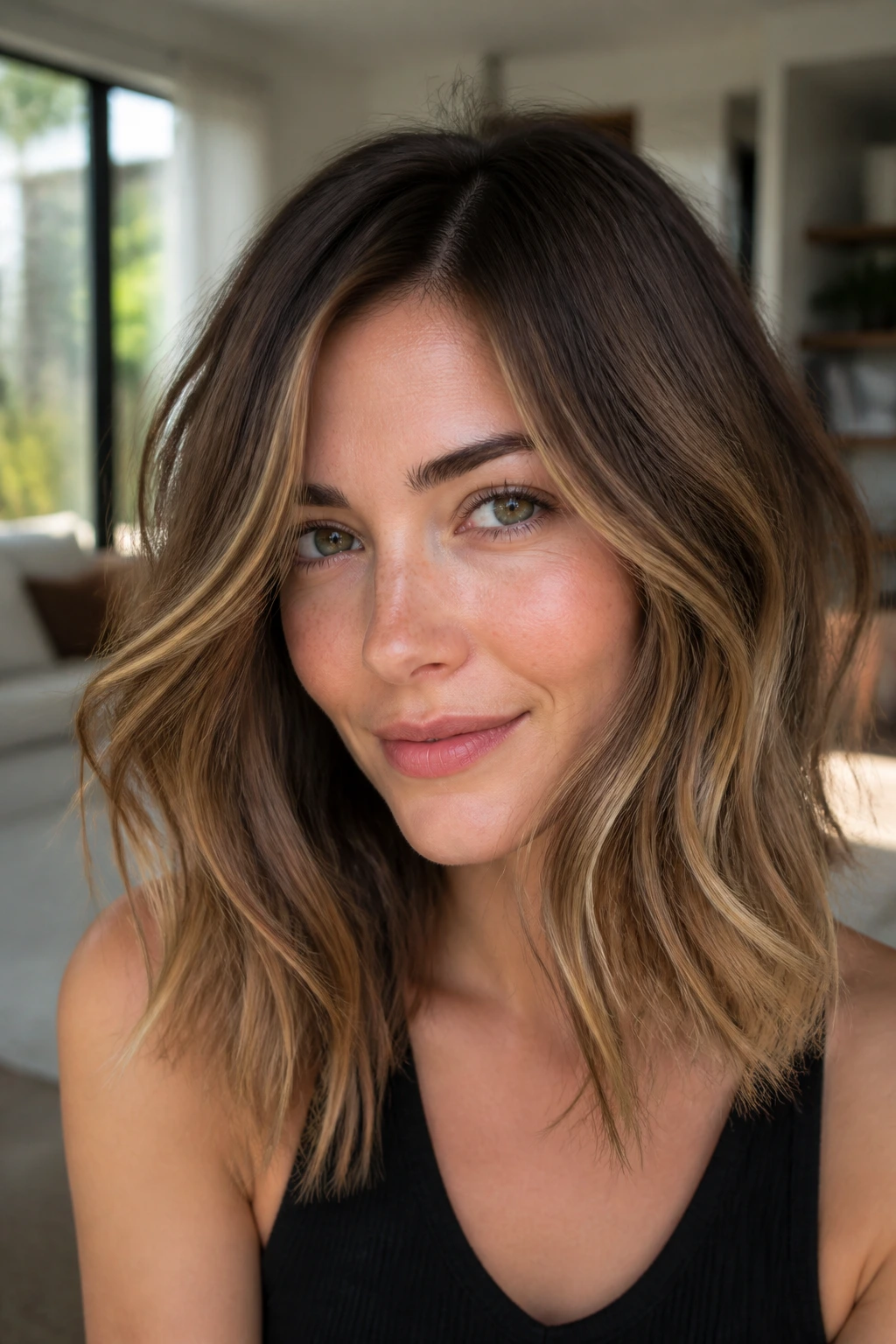 Close-up portrait of a real woman with hazelnut balayage and warm ribbons