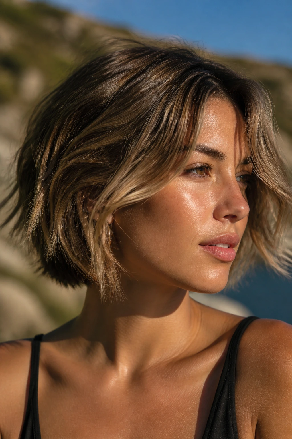 Portrait of a person with short balayage hair under bright summer sun