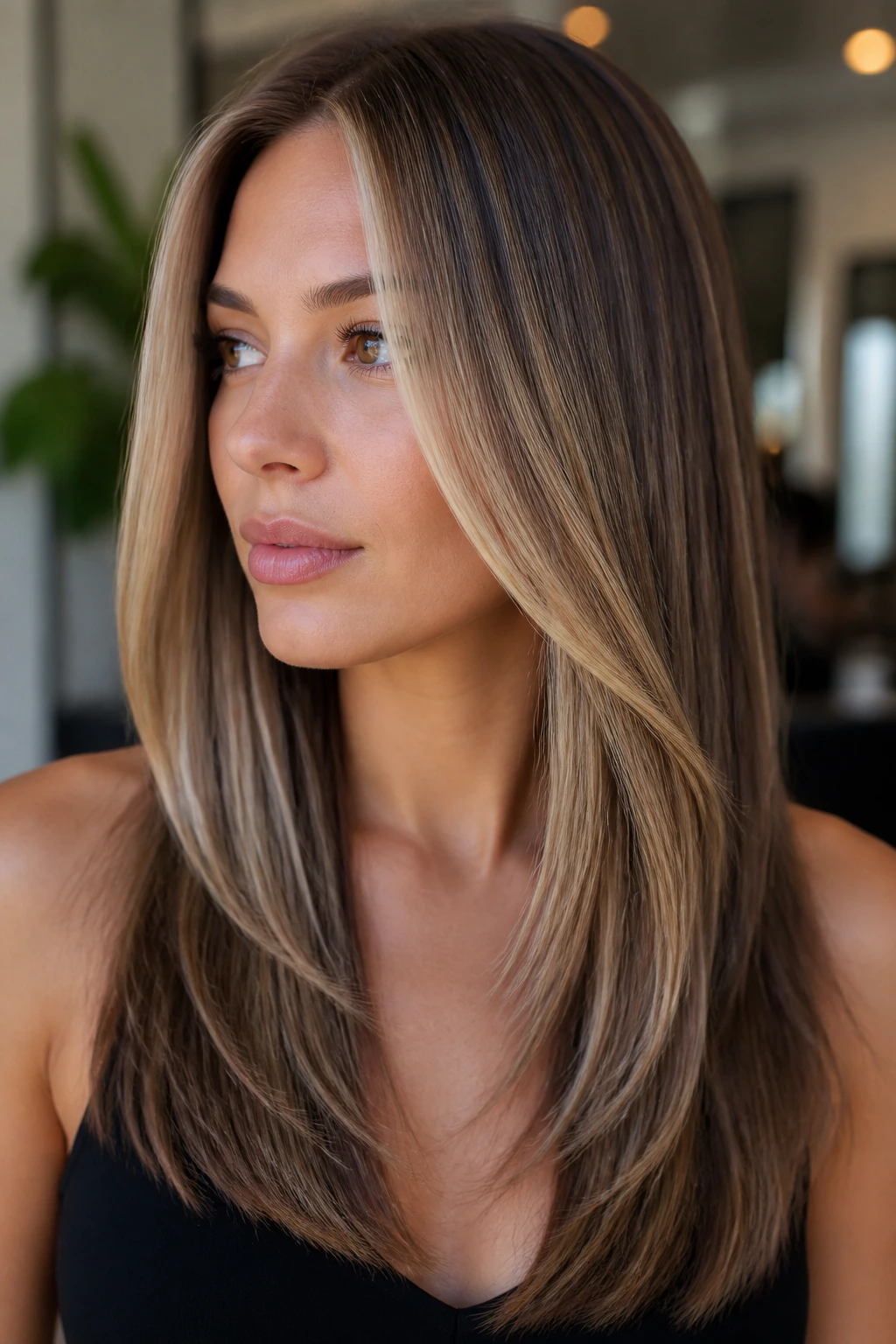 Portrait of a woman with balayage highlights on straight layered hair