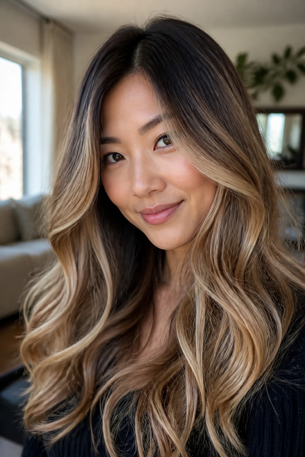 Portrait of a woman with honey beige balayage and loose waves