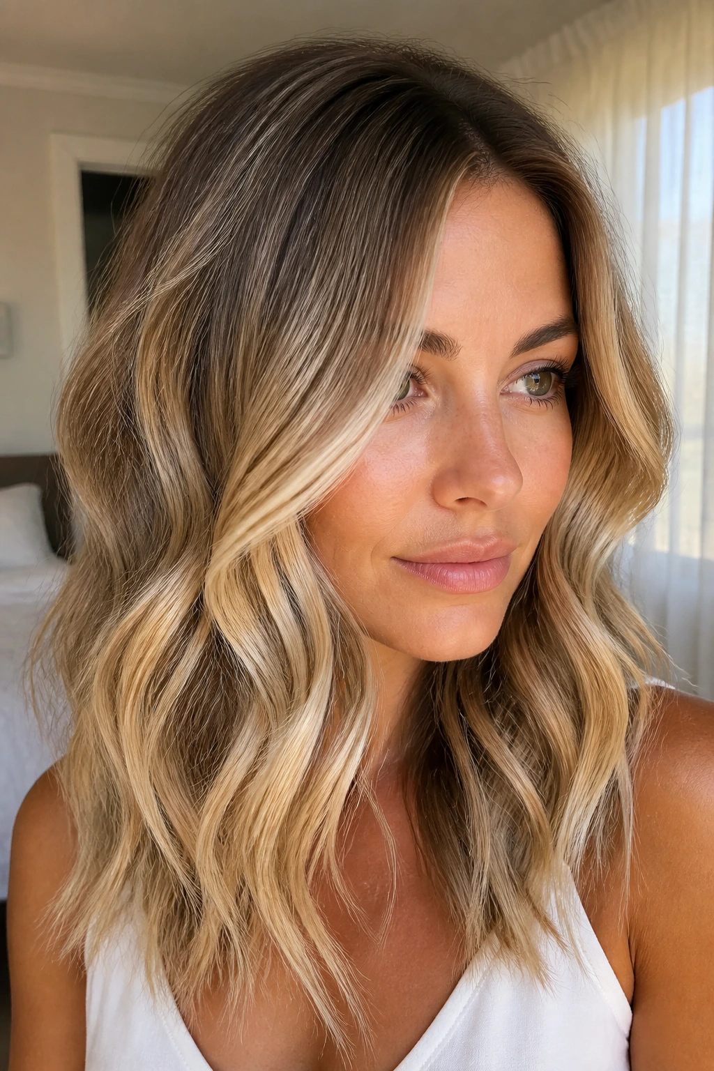 Close-up of honey beige balayage with soft waves in warm light