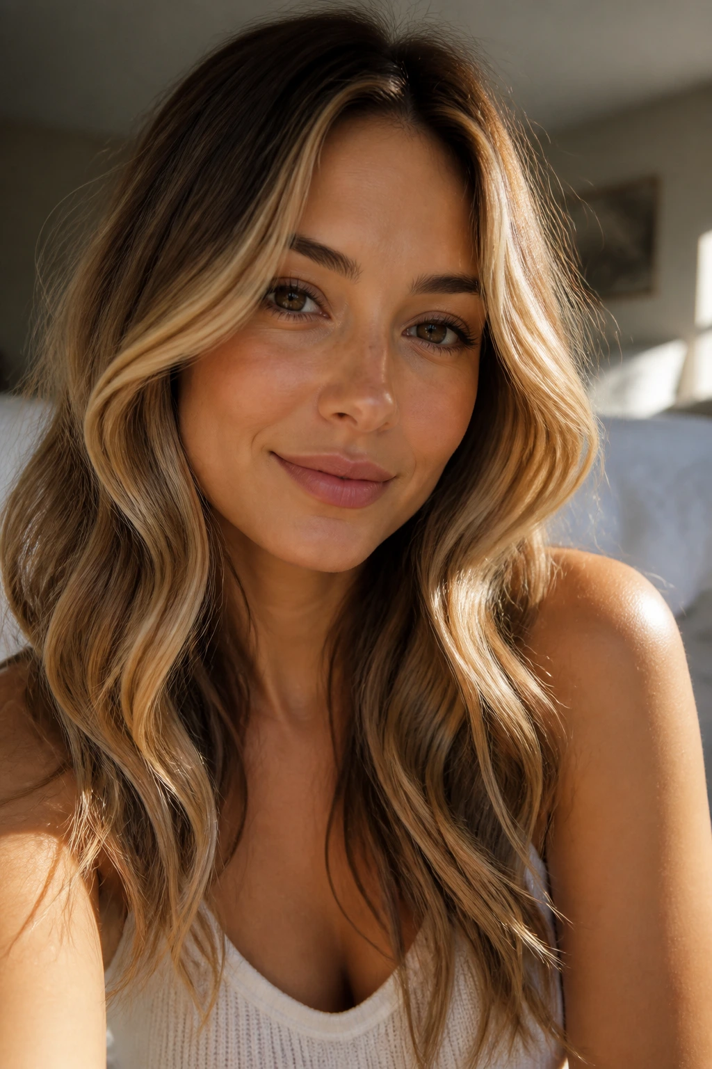 Wavy hair with honey blonde face-framing highlights close-up