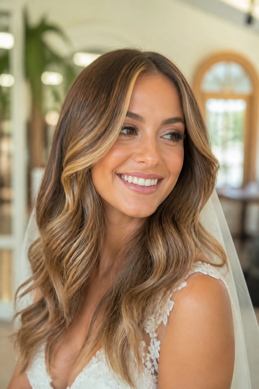 Bride with honey caramel balayage and soft waves