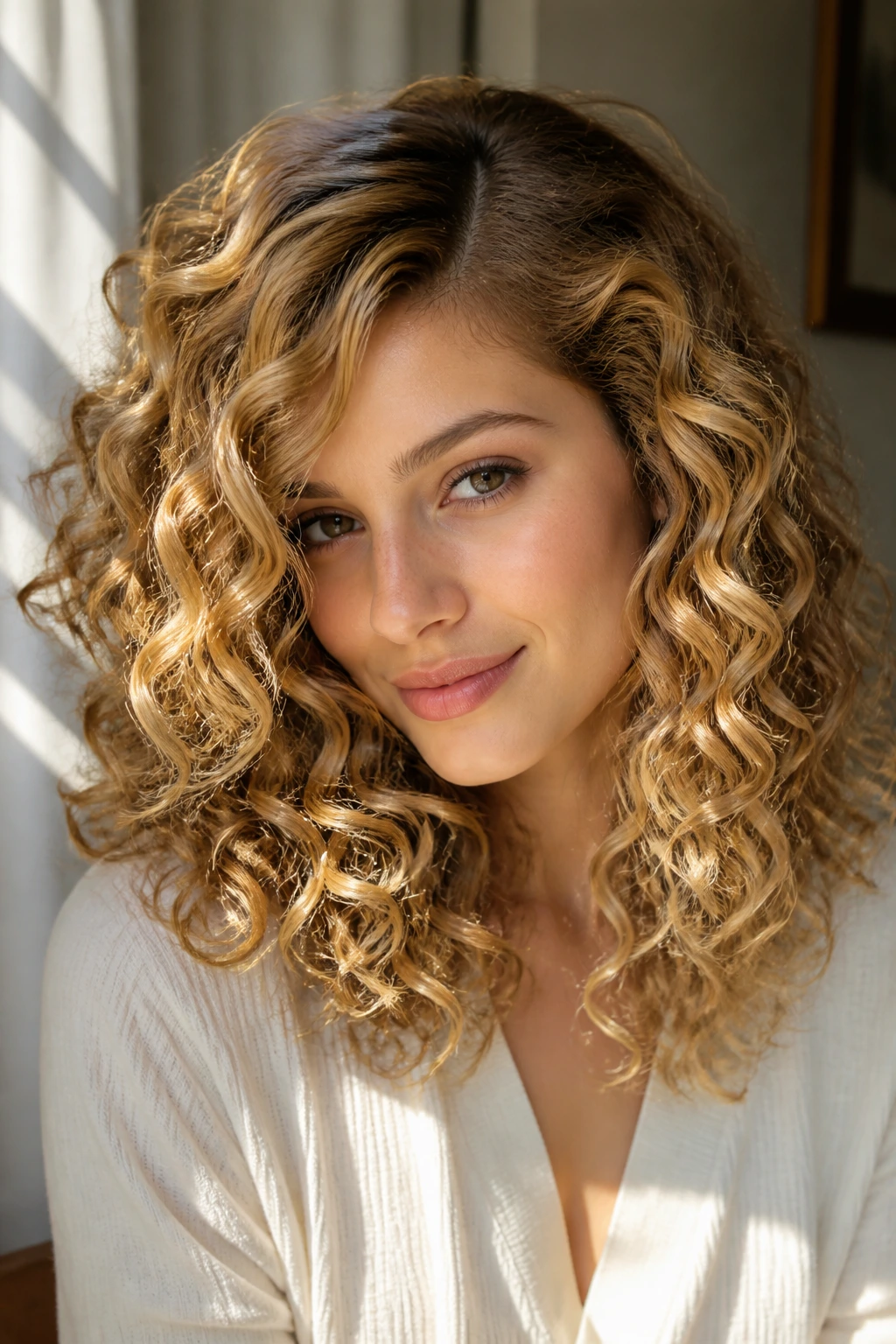 Portrait of a real person with honey balayage ribbons and a soft side part on curly hair
