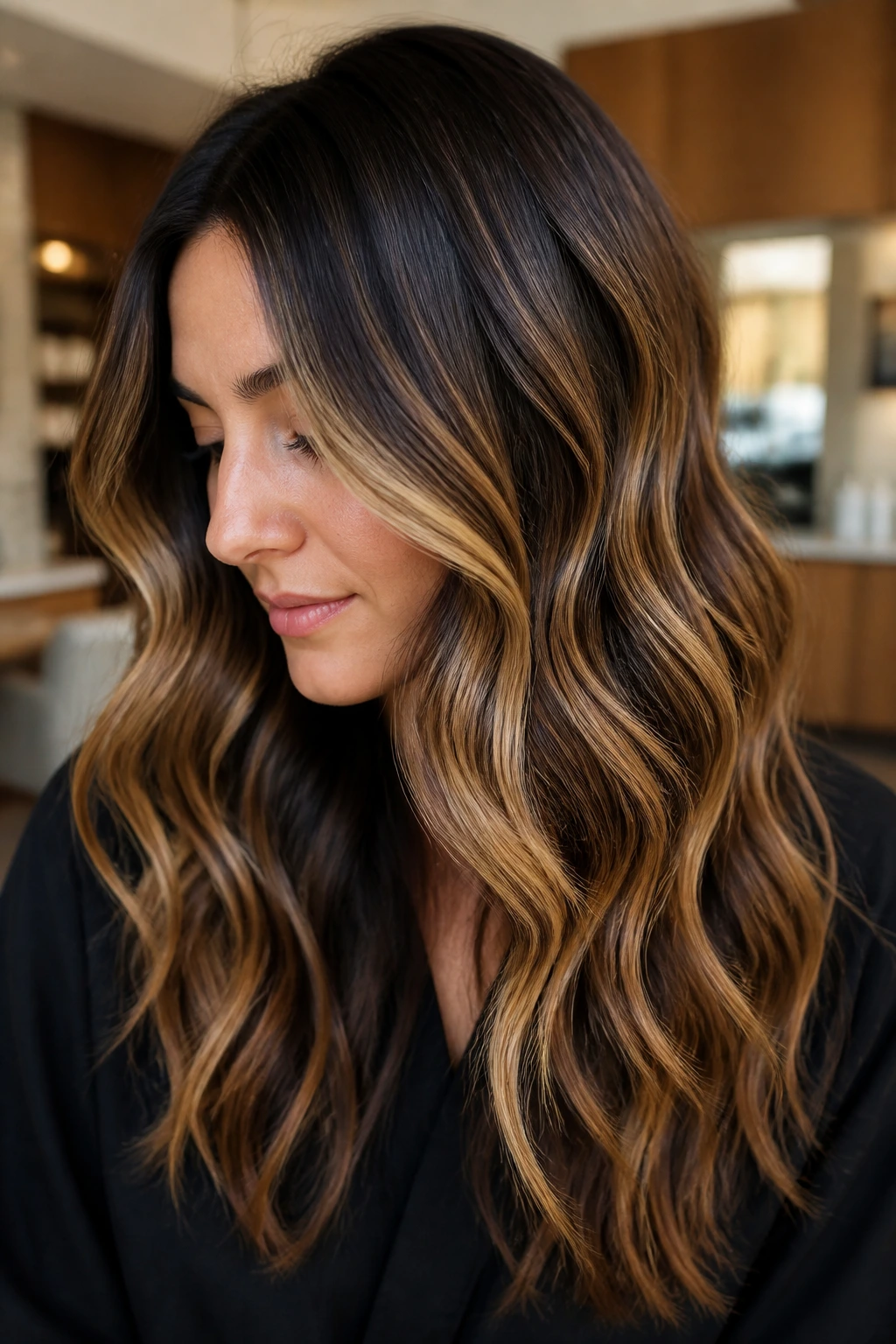 Real person with dark brown base and honey balayage ribbons; wave texture catches light