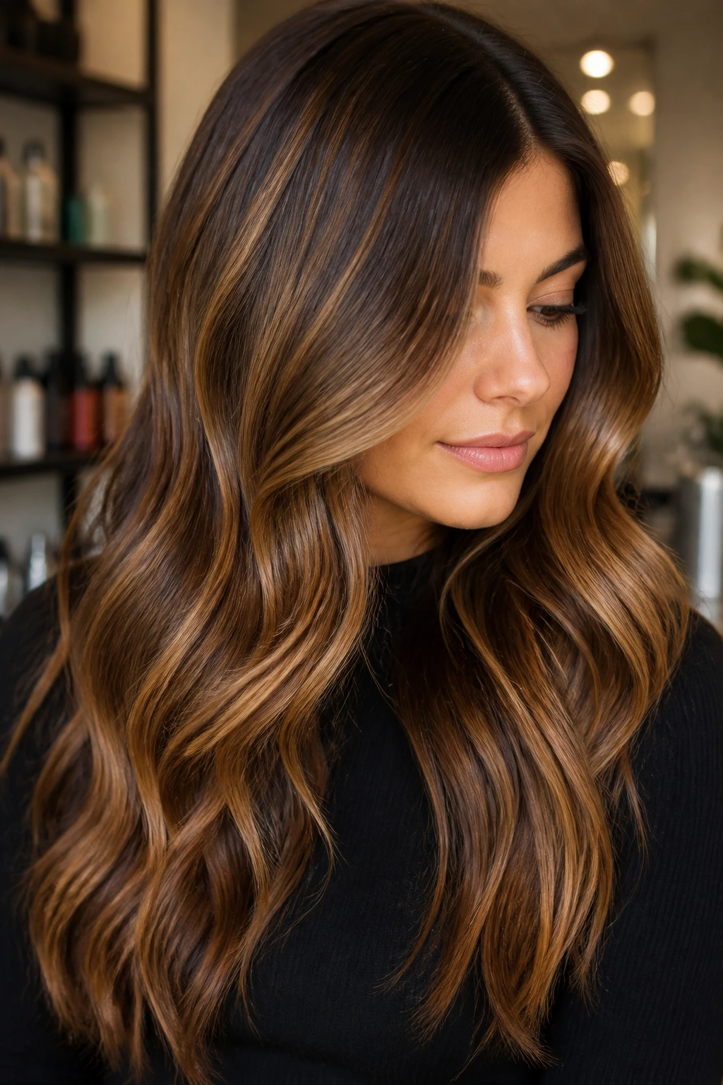 Close-up portrait of a real woman with honey ribbon balayage on thick hair.