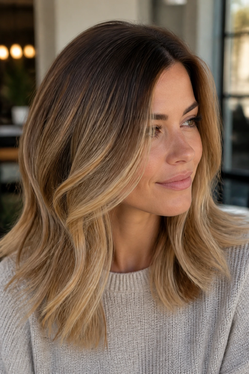 Close-up portrait of a real person with honeyed root stretch and soft feathered roots