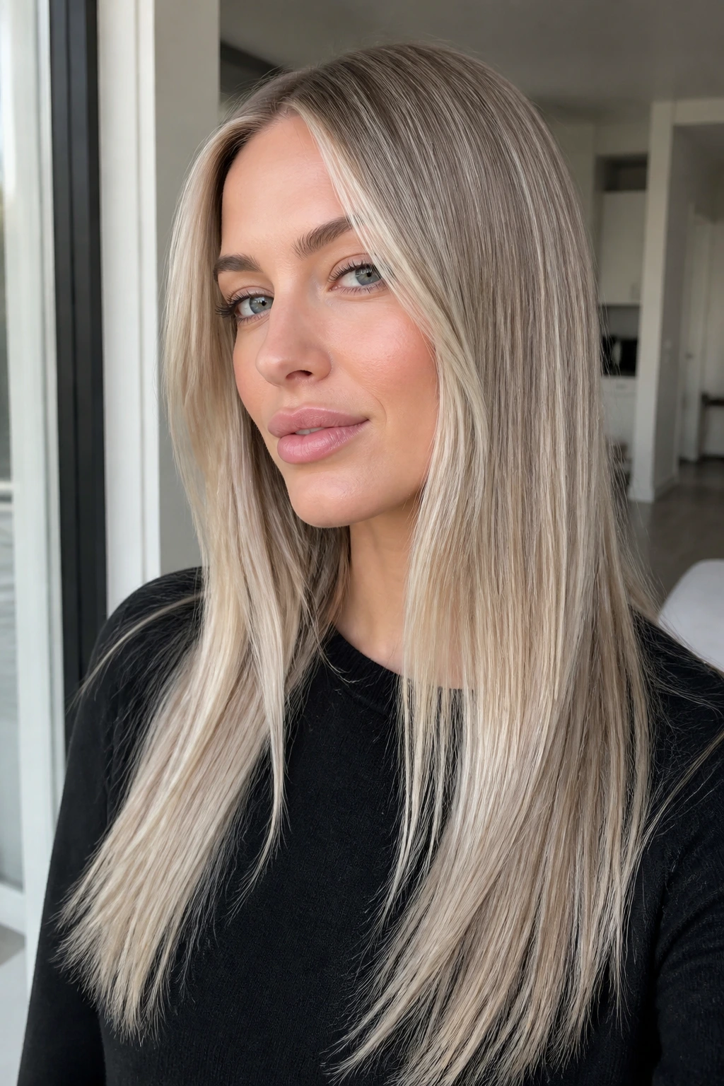 Close-up of icy ash blonde balayage with beige-silver tones