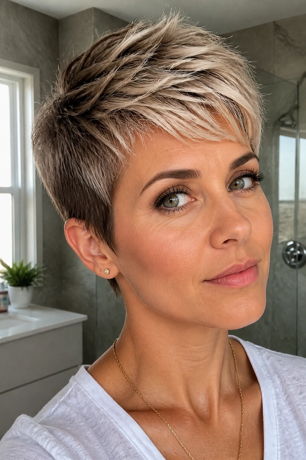Icy beige pixie with crown and fringe balayage on a real person