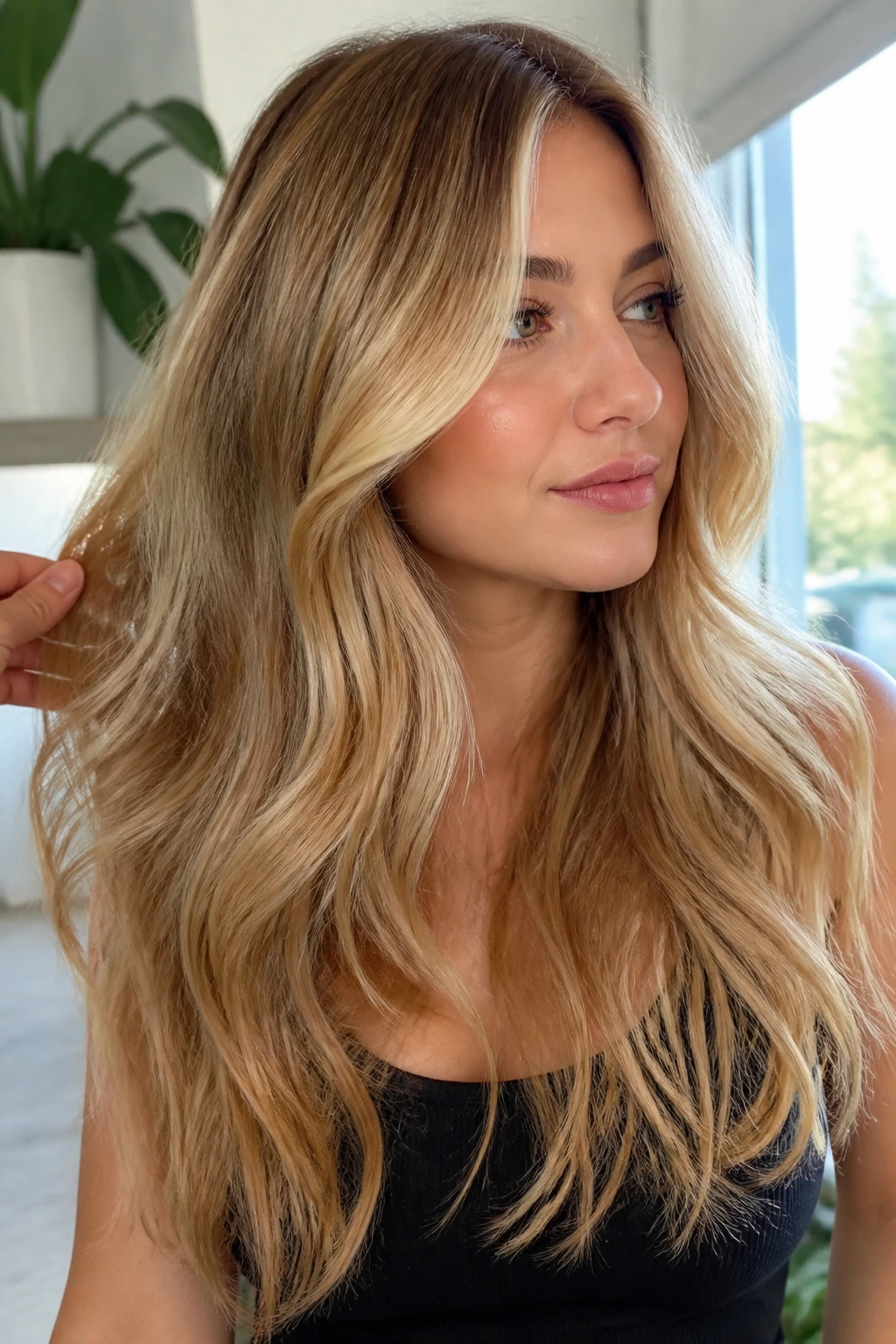 Long blonde hair with sun-kissed balayage and invisible layers, close-up