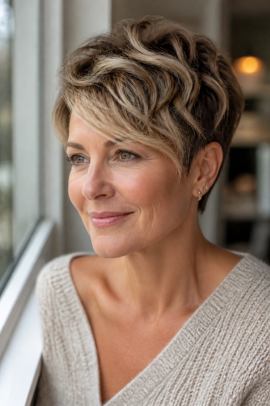 Close-up of real woman with balayage layered pixie and crown highlights.
