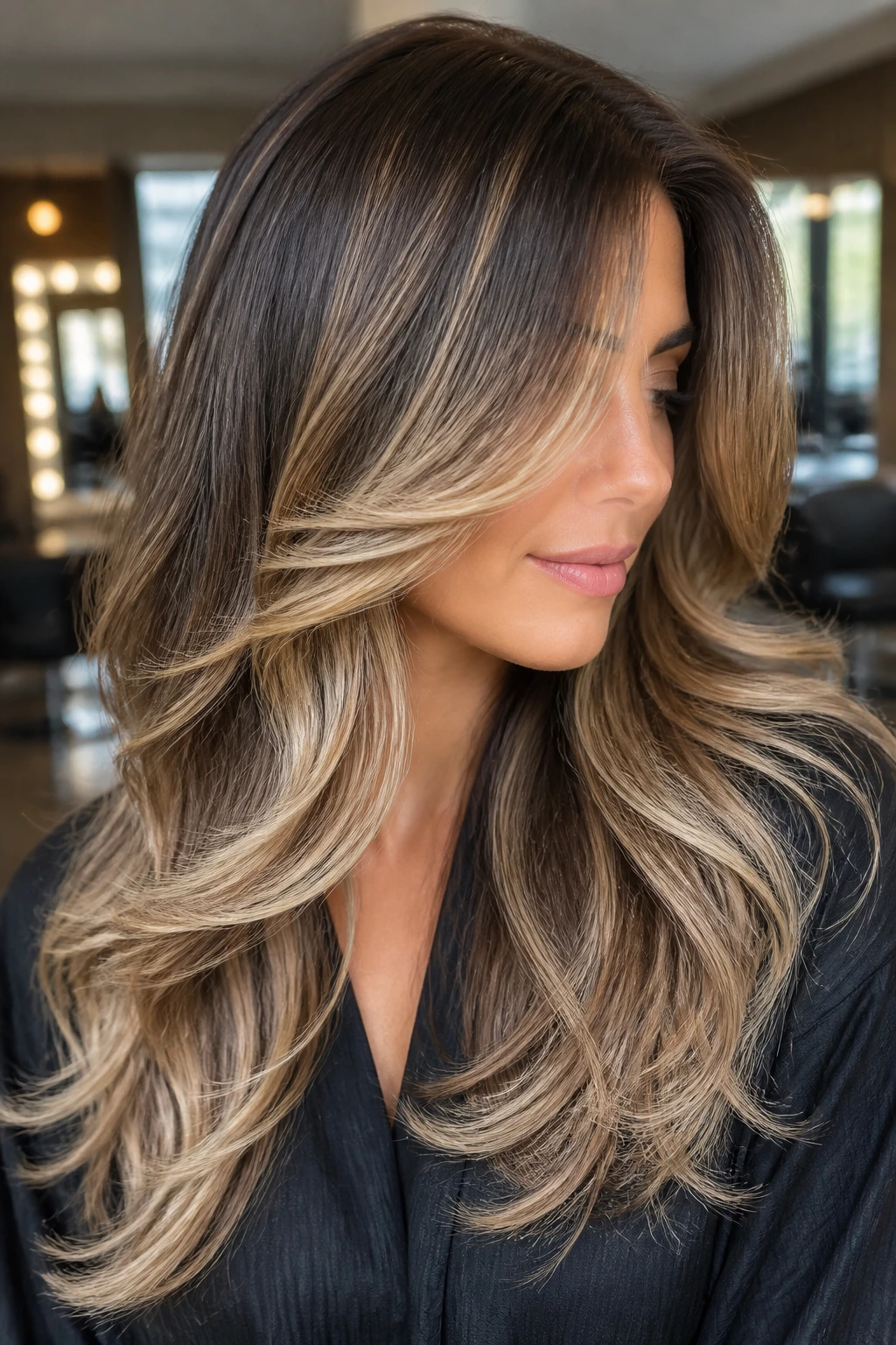Close-up portrait of a woman with balayage-highlighted layered hair in a salon