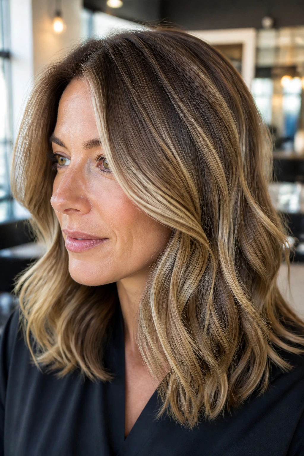 Close-up of balayage layered hair with ribboned dimension on a real woman