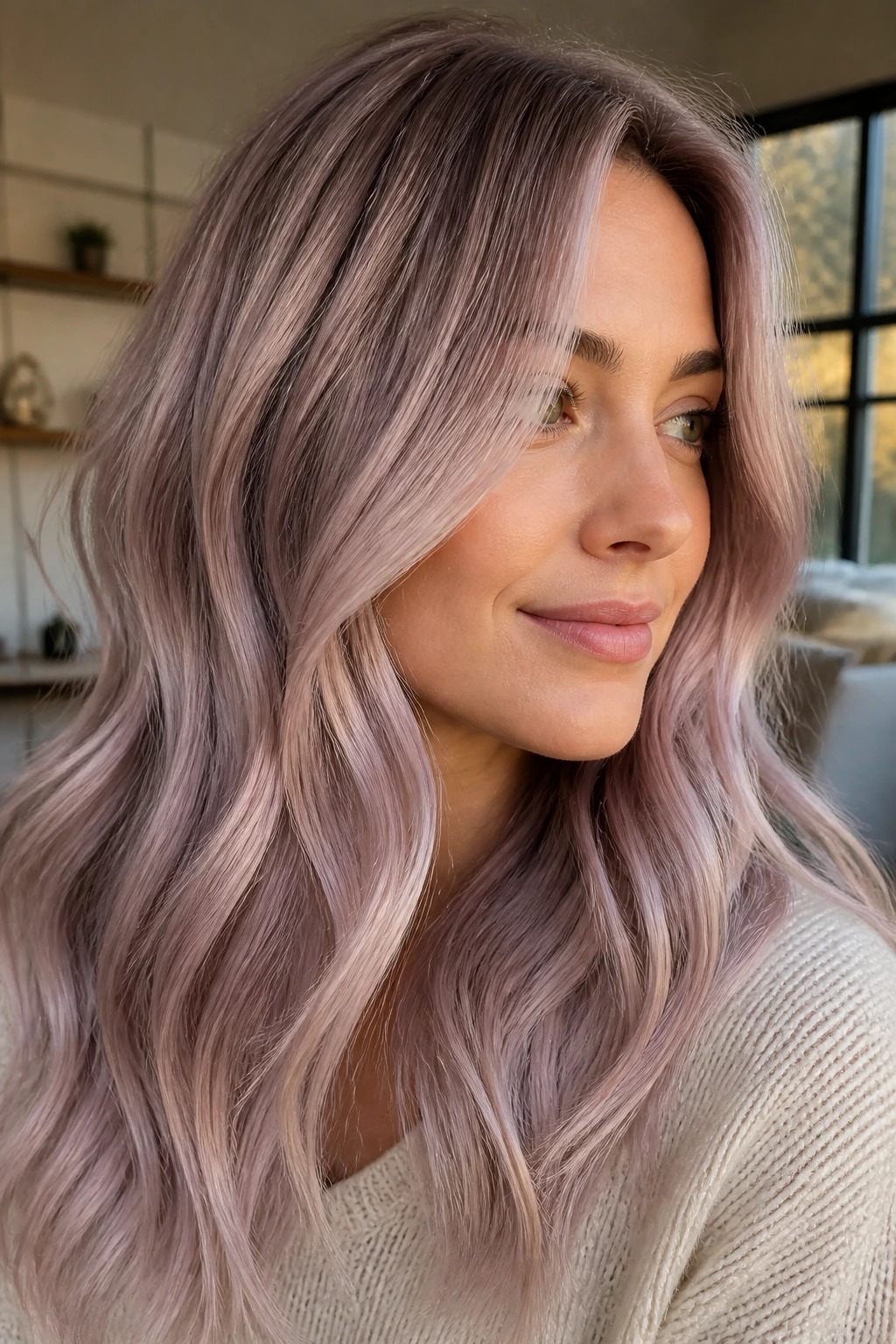 Close-up portrait of a real woman with lilac beige balayage in soft pastel tones
