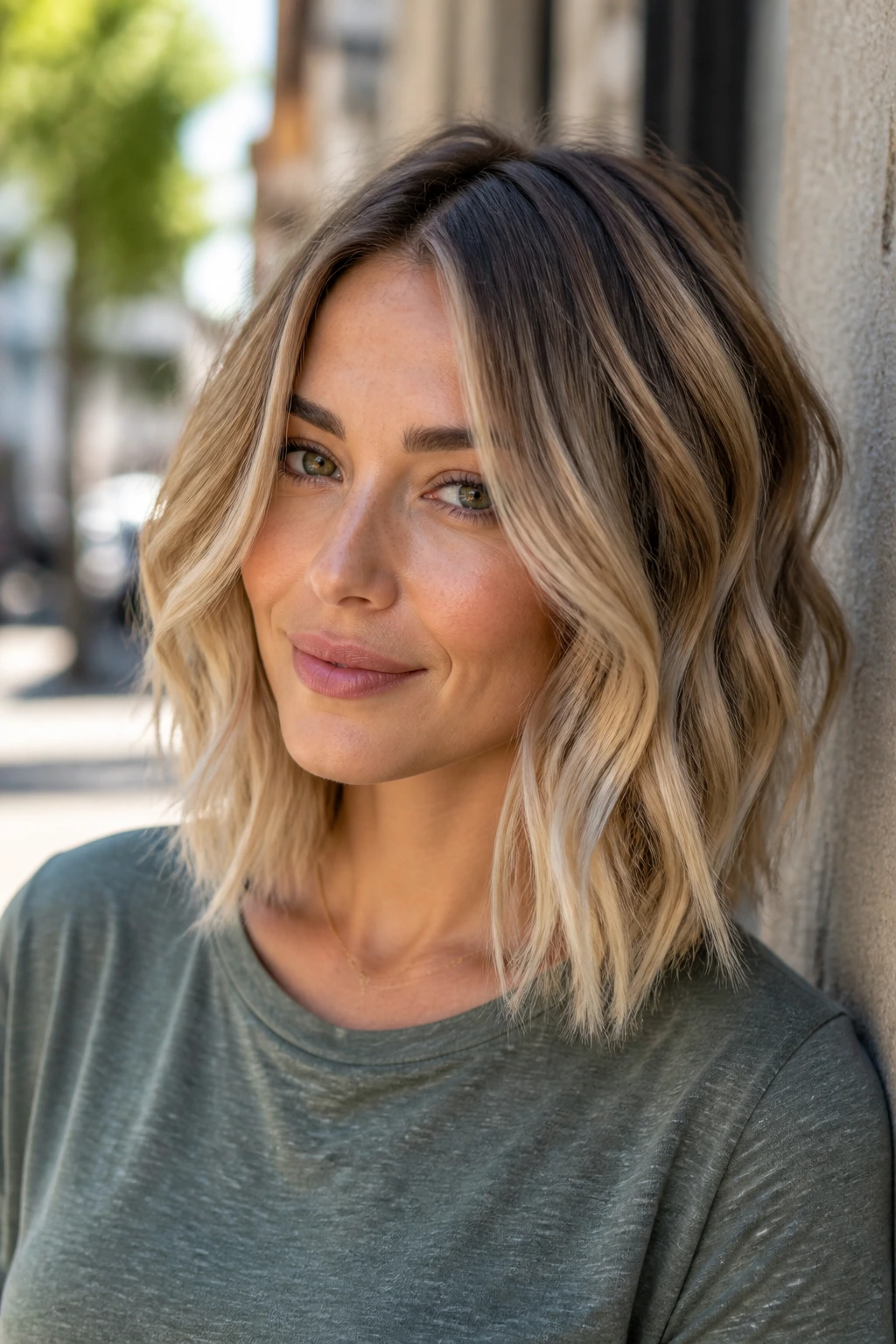 Close-up of a real woman with dimensional balayage lob in natural daylight