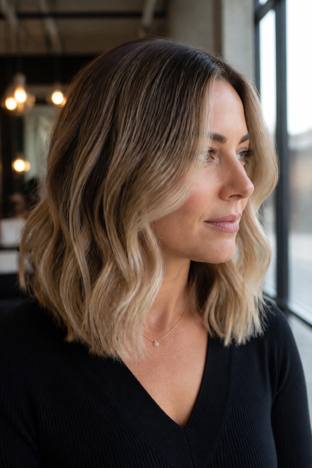 Close-up of a person with a soft champagne balayage on a lob, natural light