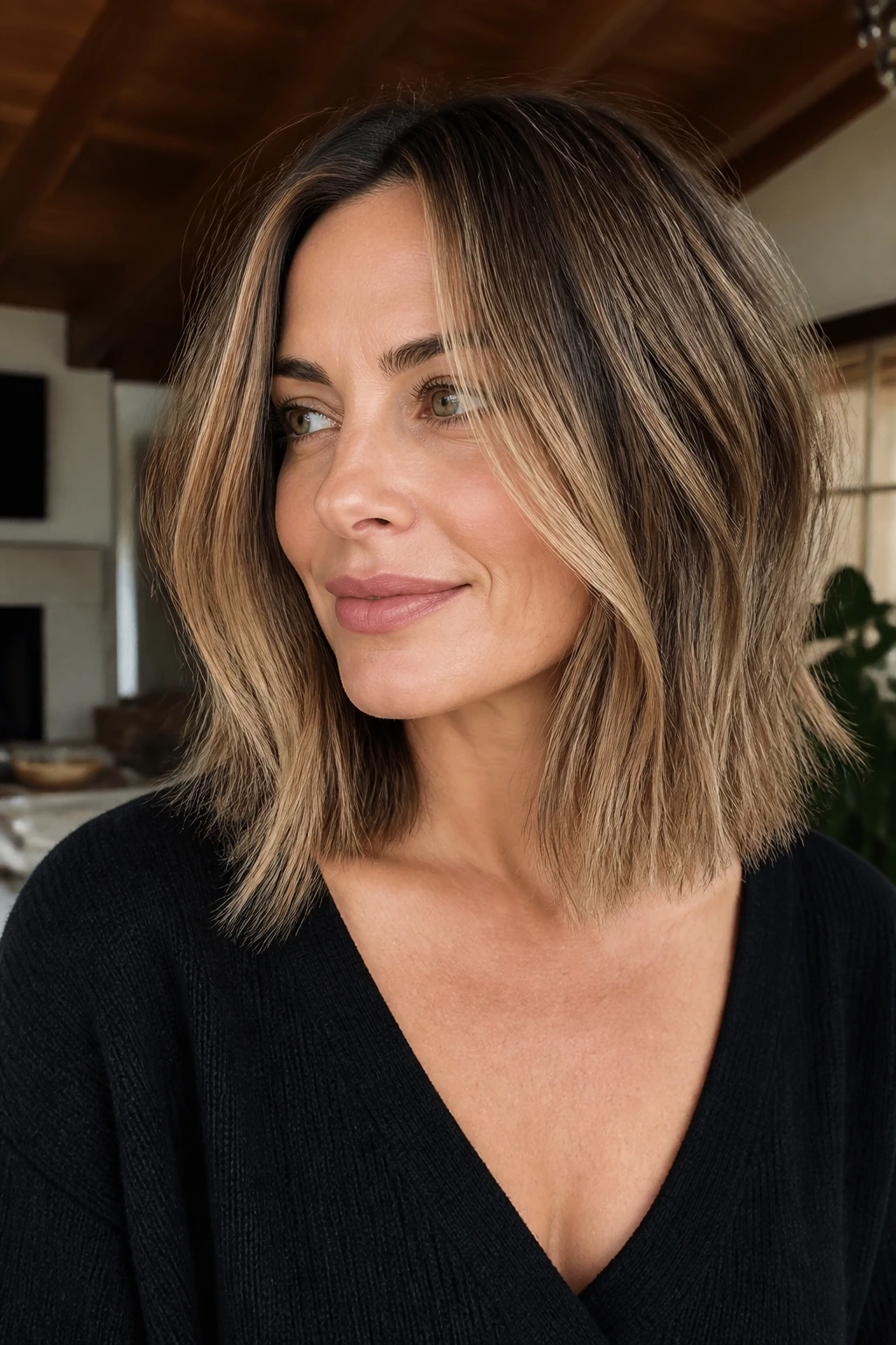 Close-up of a real woman with dimensional balayage lob and face-framing highlights.
