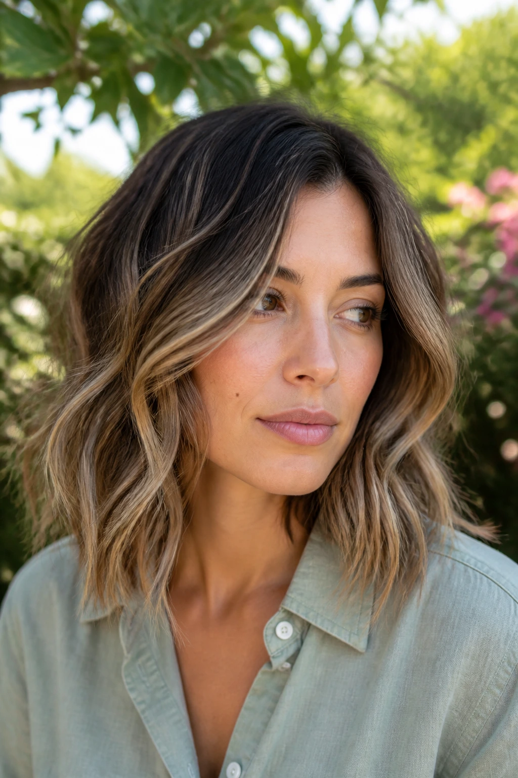 Close-up of a real person with dimensional balayage lob and sun-kissed highlights along the waves in a garden setting.