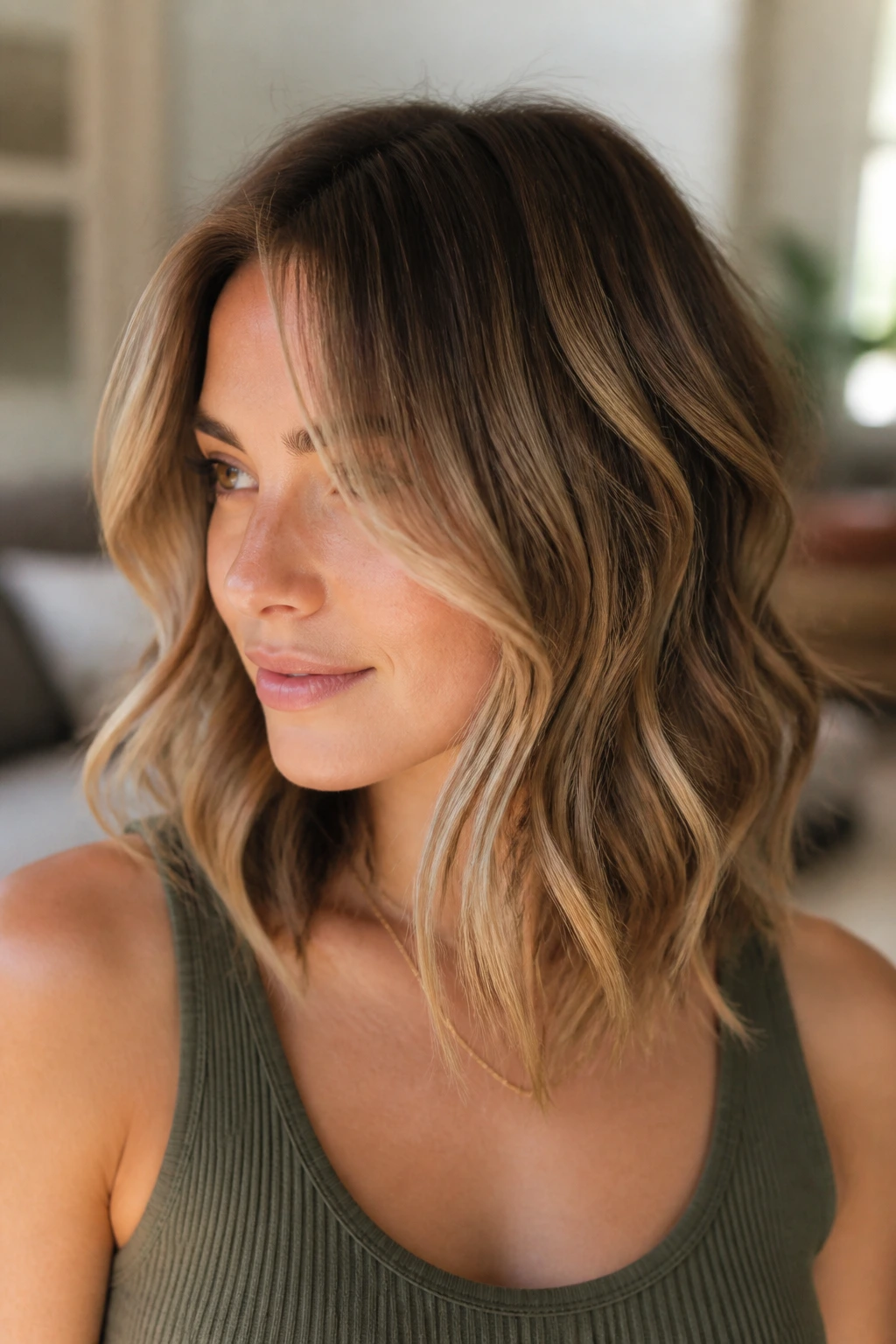 Portrait of a real woman with a wavy lob and balayage