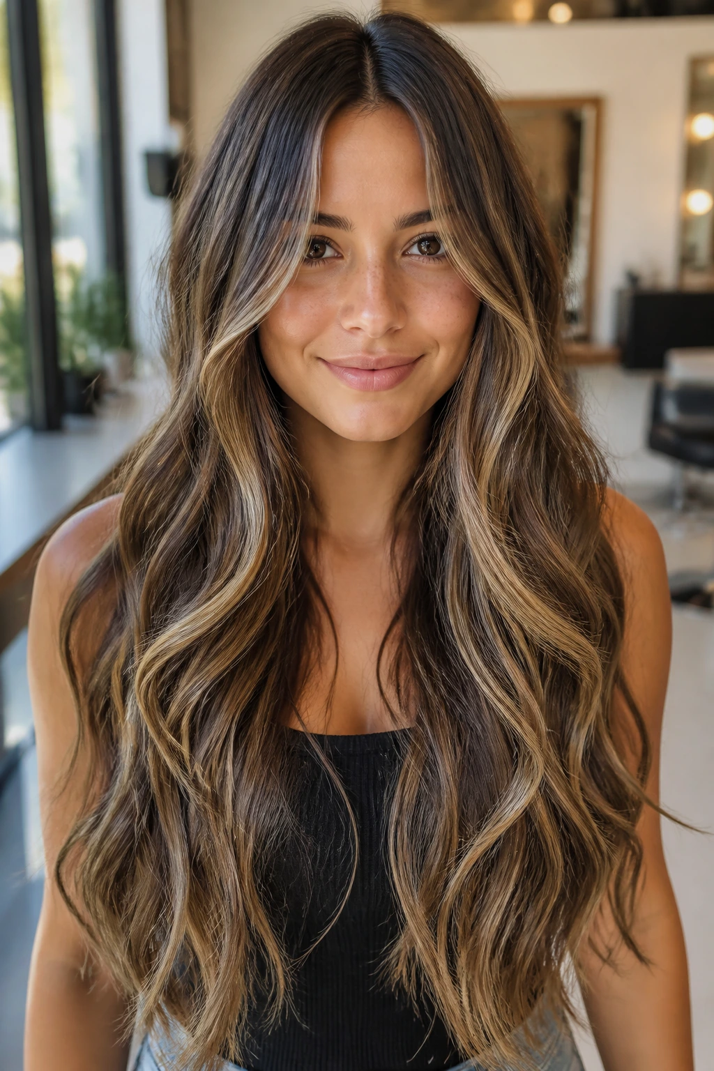 Portrait of a real person with long, color-treated hair wearing balayage