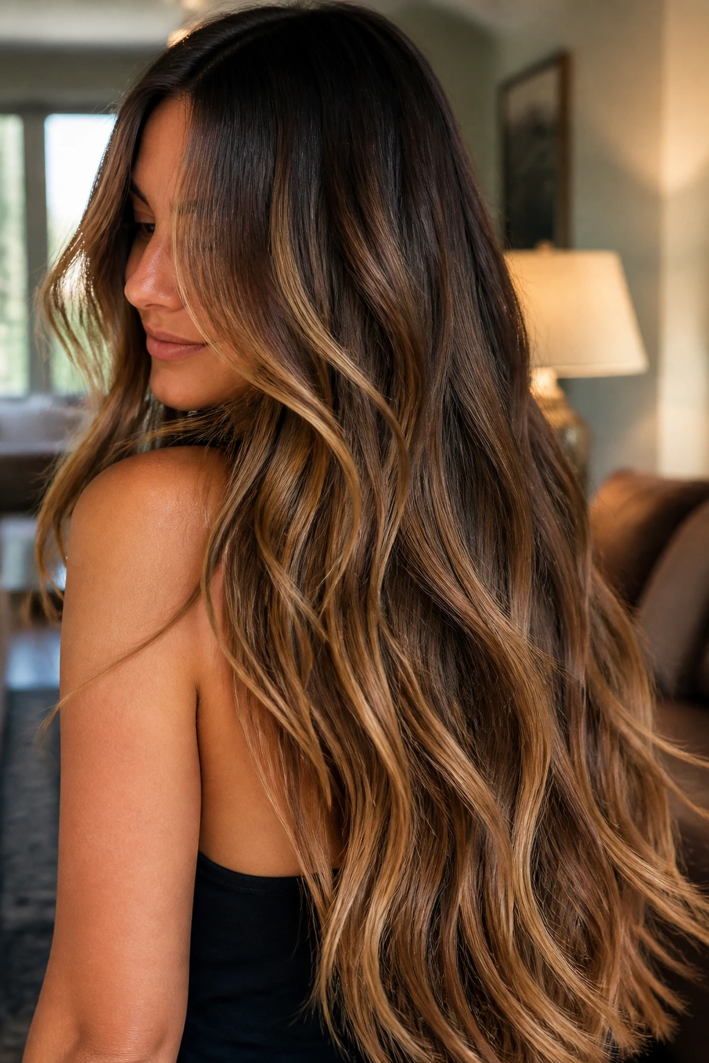 Close-up portrait of a real woman with waist-length balayaged hair showing color movement in warm window light.