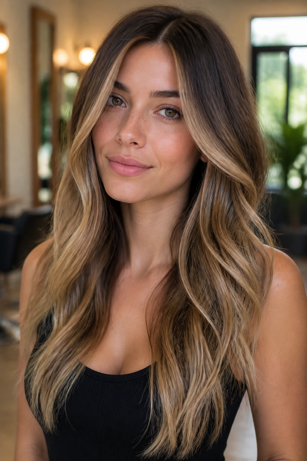 Close-up of a real woman with long balayage showing deeper root and lighter mid-lengths around the face